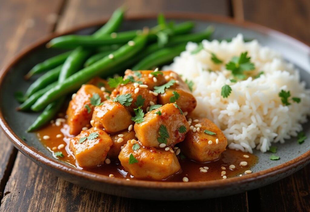 Healthy sesame chicken with green beans and rice